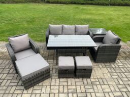 Fimous 8 Pcs Rattan Outdoor Garden Furniture Set Rectangular Dining Table & Chair Sofa Set With Side Table 3 Footstools in Dark Grey - thumbnail 1