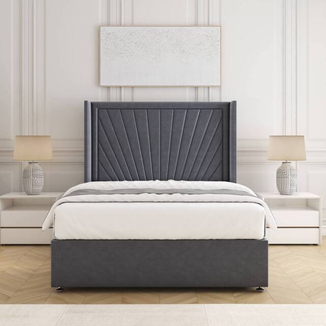 "BSSPOKE Alina Divan Bed Set Plush Velvet 54"" Headboard & Mattress No Drawers in Charcoal - Size: Single" - image 1