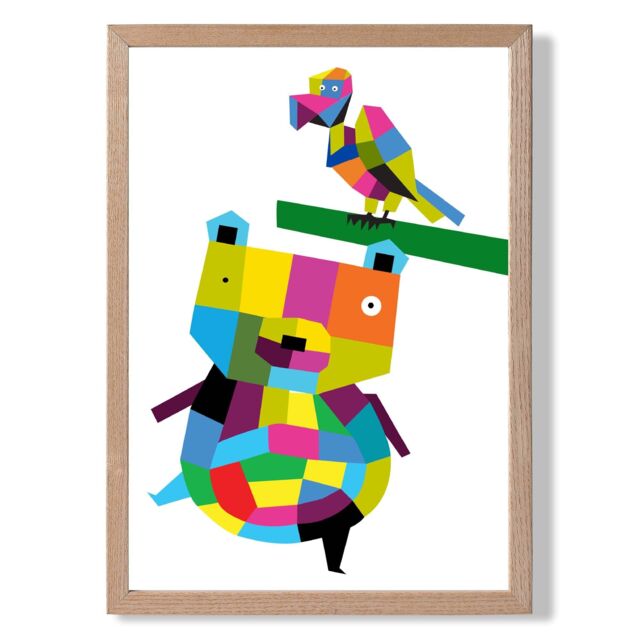 ARTZE Bear Bright Geometric Animal Framed Print SIZE: A2 with Oak Frame - Size: A4 - image 1