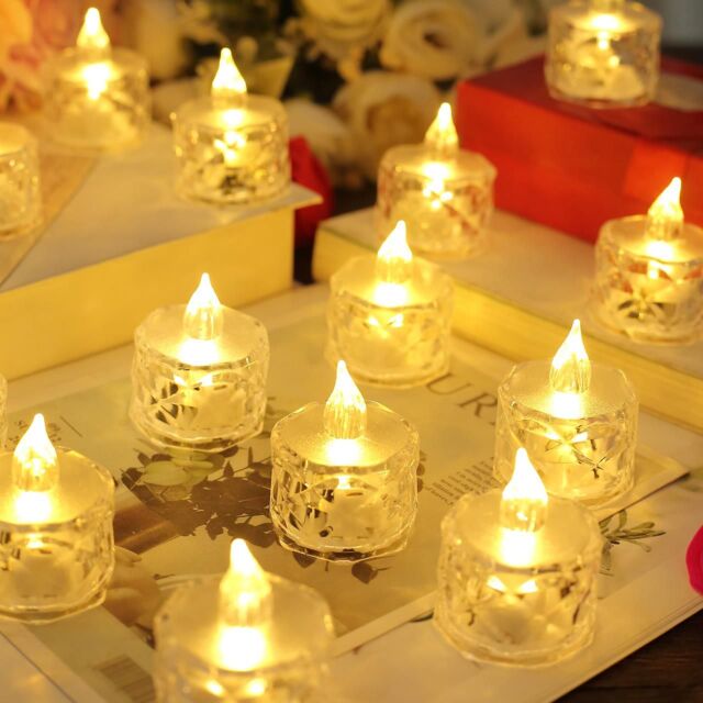 mysmartbuy Set of 12 Clear Faceted LED Tealights - Battery Powered Faux Light Up Flame-Free Candle Lights Home Decoration - Each H5 x 3.8cm - image 1
