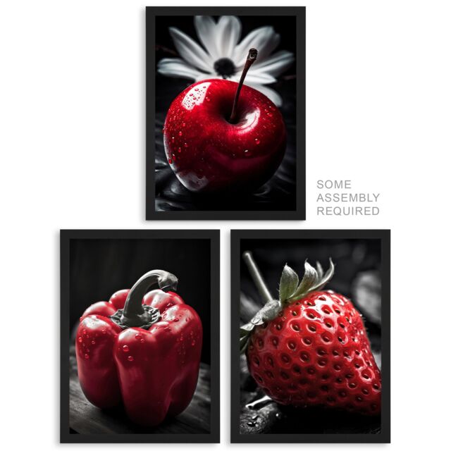 Artery8 A4 Wall Art & Frame Set of 3 Red Apple Pepper Strawberry Kitchen - image 1