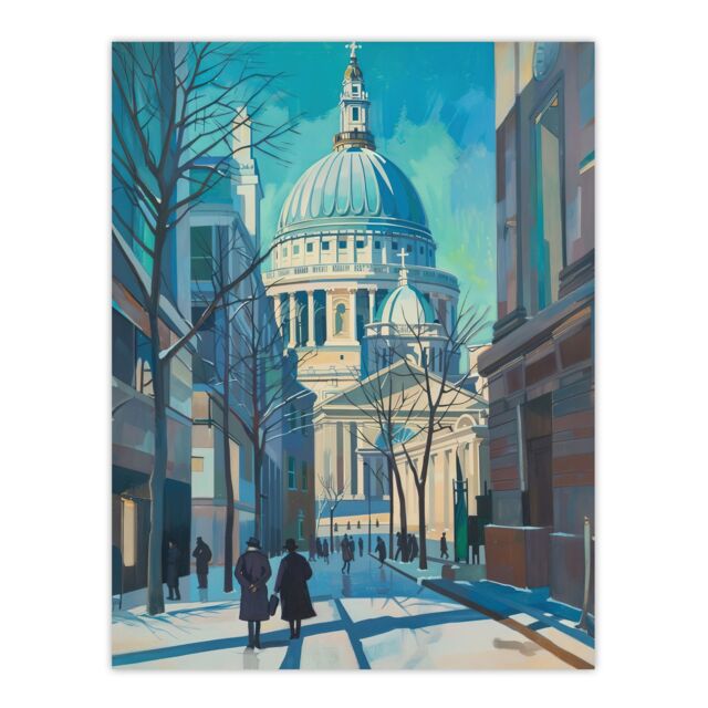"Artery8 St Paul's Cathedral London City Street Painting Wall Art Print in Blue - Size: W24"" x H32""" - image 1