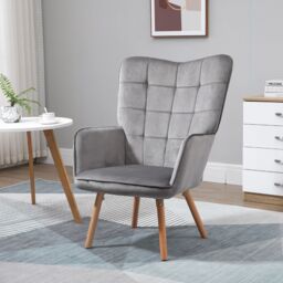 HOMCOM Modern Accent Chair Velvet-Touch Tufted Wingback Armchair Wood Legs in Grey - thumbnail 1