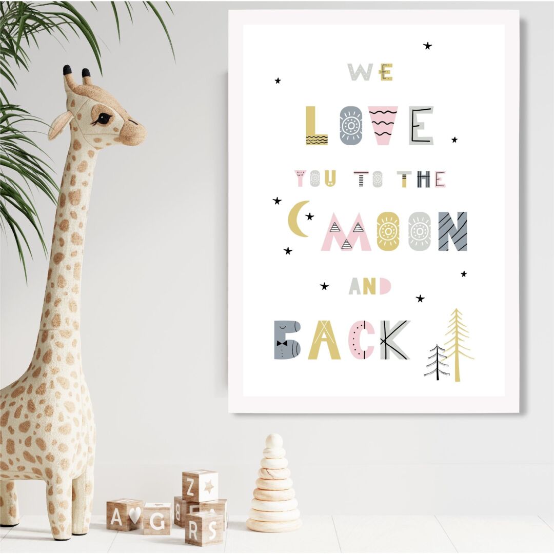 ARTZE Cute Love you to the Moon Pink Scandi Quote Framed Print SIZE: A4  with White Frame by Debenhams | ufurnish.com, image size:1080x1080