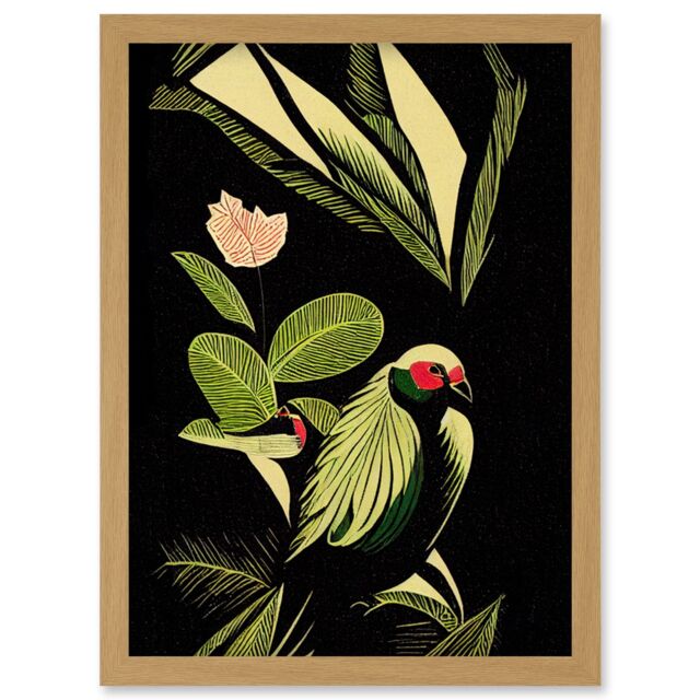 Artery8 Green Black Modern Vintage Tropical Plant Leaves with Bird Artwork Framed Wall Art Print A4 in Light Oak - image 1