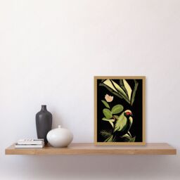 Artery8 Green Black Modern Vintage Tropical Plant Leaves with Bird Artwork Framed Wall Art Print A4 in Light Oak - thumbnail 2