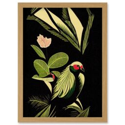 Artery8 Green Black Modern Vintage Tropical Plant Leaves with Bird Artwork Framed Wall Art Print A4 in Light Oak - thumbnail 1