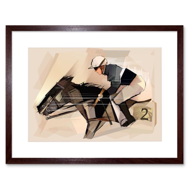 "Artery8 Wall Art Print Racing Horse & Jockey Grunge Art Framed 9x7 inch in Brown - Size: W7"" x H9""" - image 1