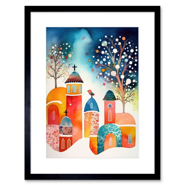 "Artery8 Wall Art Print Winter Churchyard Snowfall Trees Folk Artwork Framed 9X7 Inch in Black - Size: W7"" x H9""" - image 1