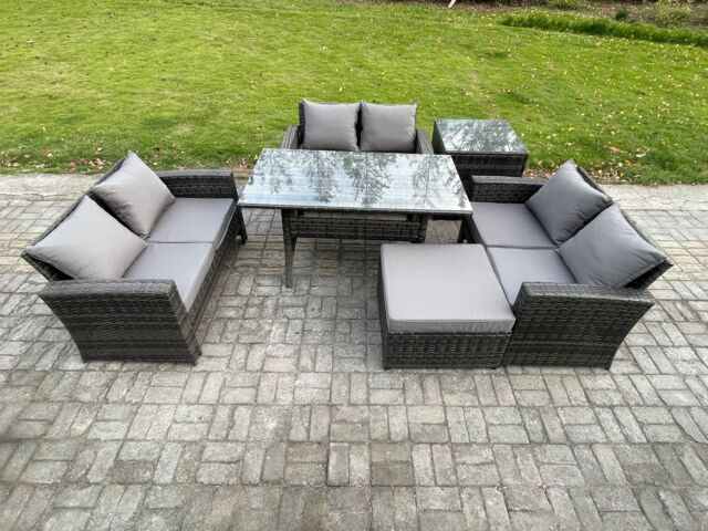 Fimous 7 Seater Rattan Wicker Garden Furniture Patio Conservatory Sofa Set Indoor Outdoor with Dining Table Big Footstool in Dark Grey - image 1