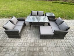 Fimous 7 Seater Rattan Wicker Garden Furniture Patio Conservatory Sofa Set Indoor Outdoor with Dining Table Big Footstool in Dark Grey - thumbnail 1