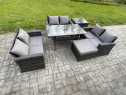 Fimous 7 Seater Rattan Wicker Garden Furniture Patio Conservatory Sofa Set Indoor Outdoor with Dining Table Big Footstool in Dark Grey - thumbnail 2