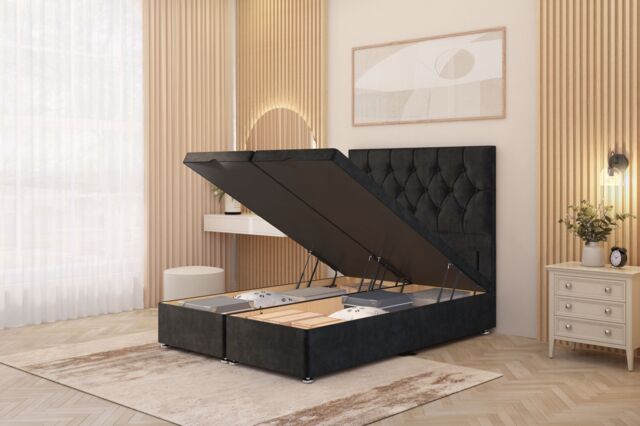 Somnior Ziggy Plush Velvet Ottoman Bed Base with Floor Standing Headboard in Black - Size: King - image 1