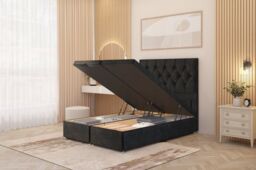 Somnior Ziggy Plush Velvet Ottoman Bed Base with Floor Standing Headboard in Black - Size: King - thumbnail 1