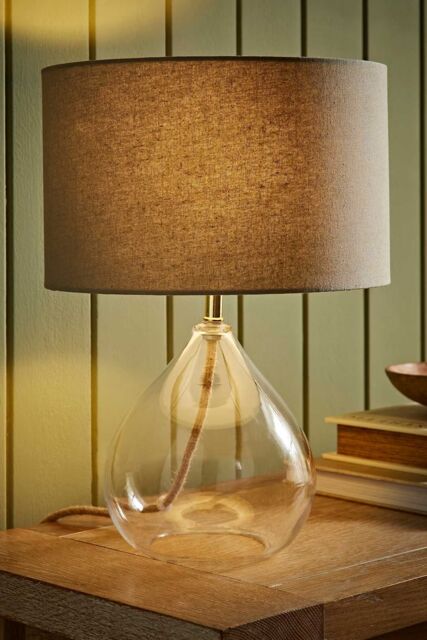 ValueLights Eloise Natural Linen Drum Shade Clear Glass Teardrop Table Lamp - image 1