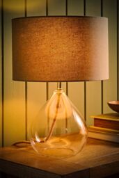 ValueLights Eloise Natural Linen Drum Shade Clear Glass Teardrop Table Lamp - thumbnail 2