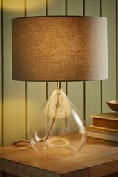 ValueLights Eloise Natural Linen Drum Shade Clear Glass Teardrop Table Lamp