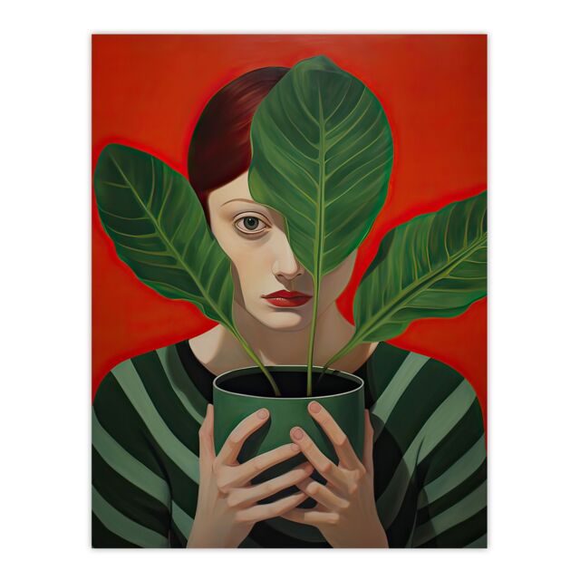 "Artery8 Wall Art Print Gift of Calathea Woman Plant Portrait Green & Red Poster - Size: W18"" x H24""" - image 1