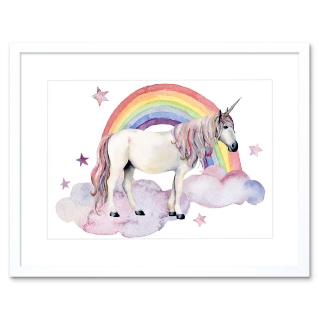 "Artery8 Wall Art Print Unicorn Watercolour Rainbow Art Framed 9x7 inch in White - Size: W7"" x H9""" - image 1