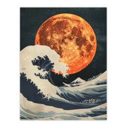"Artery8 Orange Moon Over Japanese Ocean Waves Artwork Wall Art Print - Size: W18"" x H24""" - thumbnail 1