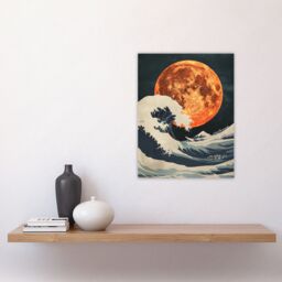 "Artery8 Orange Moon Over Japanese Ocean Waves Artwork Wall Art Print - Size: W18"" x H24""" - thumbnail 4