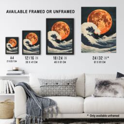 "Artery8 Orange Moon Over Japanese Ocean Waves Artwork Wall Art Print - Size: W18"" x H24""" - thumbnail 3