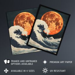 "Artery8 Orange Moon Over Japanese Ocean Waves Artwork Wall Art Print - Size: W18"" x H24""" - thumbnail 2