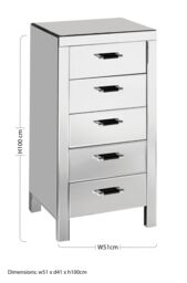 Orsina 5 Drawers Mirrored Chest, Modern chest of drawers, Spacious Storage Chest For Living Room, Delivered Fully Assembled in Silver - thumbnail 2