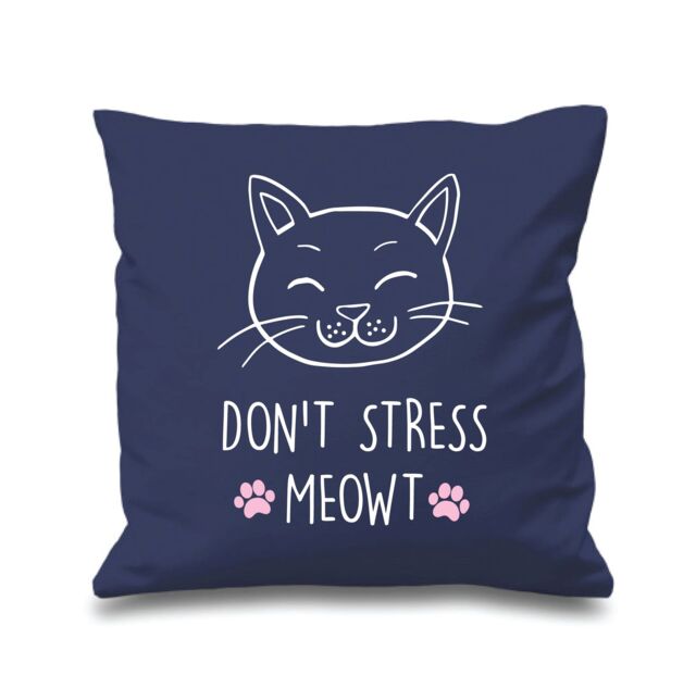 "60 SECOND MAKEOVER Navy Cushion Cover Cat Don't Stress Meowt 16"" x 16"" Mum Friend Gift Decorative - Size: 40 cm x 40 cm"