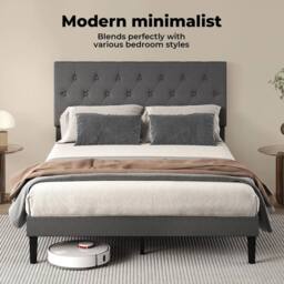 VOGREX Grey Linen Upholstered Double Bed Frame Wooden Foam Headboard in Dark Grey - thumbnail 4