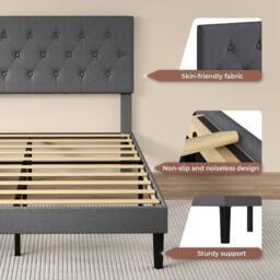 VOGREX Grey Linen Upholstered Double Bed Frame Wooden Foam Headboard in Dark Grey - thumbnail 3