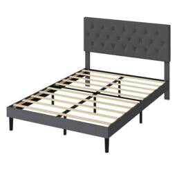 VOGREX Grey Linen Upholstered Double Bed Frame Wooden Foam Headboard in Dark Grey
