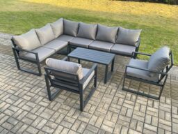 Fimous Aluminium Garden Furniture Set Outdoor Indoor Lounge Corner Sofa 2 Pcs Chair Oblong Coffee Table Sets Dark Grey 8 Seater - thumbnail 2