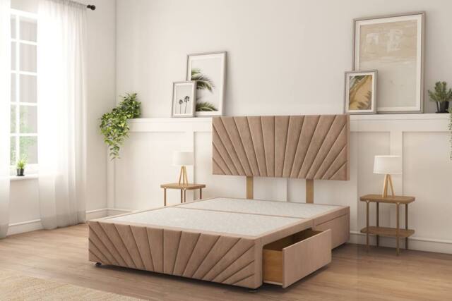 "Sloomy Amberley Plush Divan Bed Base 4 Drawers With 26"" Strutted Headboard & 12"" Matching Footboard in Light Brown - Size: King" - image 1