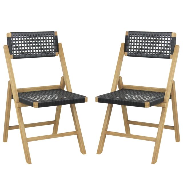 Costway Set of 2 Patio Folding Chairs Portable Garden Dining Chairs w/ Woven Rope Seat in Black