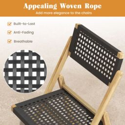 Costway Set of 2 Patio Folding Chairs Portable Garden Dining Chairs w/ Woven Rope Seat in Black - thumbnail 3