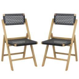 Costway Set of 2 Patio Folding Chairs Portable Garden Dining Chairs w/ Woven Rope Seat in Black - thumbnail 1