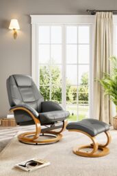 H&O Direct Modern Style Leather Soft Recliner with Footstool in Grey - thumbnail 2