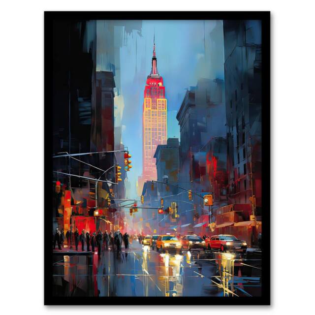 Artery8 Wall Art Print Empire State NYC New York Cityscape at Sunset Framed Art Picture in Blue - Size: A4 - image 1