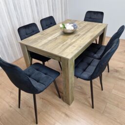 KOSY KOALA Rustic Effect Dining Table Set with 6 Black Velvet Chairs Stylish Dining Room Furniture Set in Brown