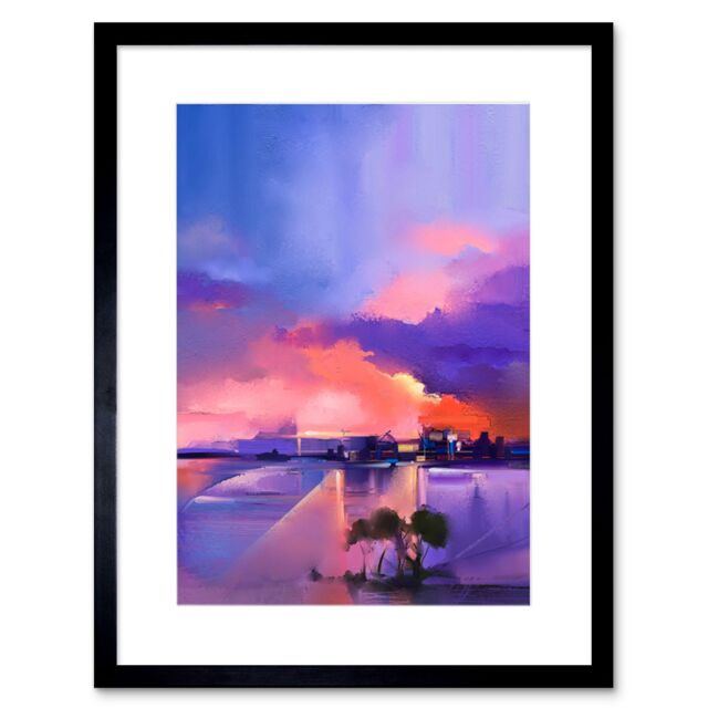"Artery8 Wall Art Print Abstract Sunset on Lake Art Framed 9x7 inch in Black - Size: W7"" x H9""" - image 1