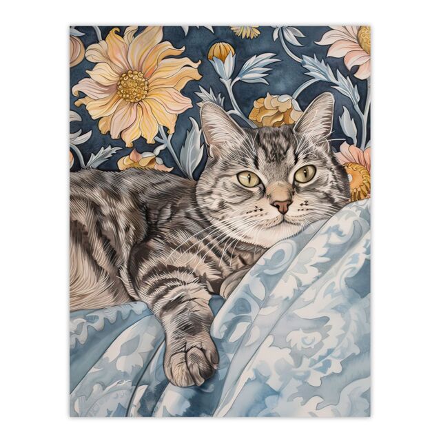 "Artery8 Cat Lover Tabby Moggie Elegant Floral Portrait Wall Art Print in Blue - Size: W18"" x H24""" - image 1