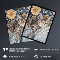 "Artery8 Cat Lover Tabby Moggie Elegant Floral Portrait Wall Art Print in Blue - Size: W18"" x H24""" - thumbnail 2