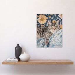 "Artery8 Cat Lover Tabby Moggie Elegant Floral Portrait Wall Art Print in Blue - Size: W18"" x H24""" - thumbnail 4