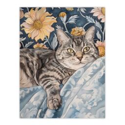 "Artery8 Cat Lover Tabby Moggie Elegant Floral Portrait Wall Art Print in Blue - Size: W18"" x H24""" - thumbnail 1