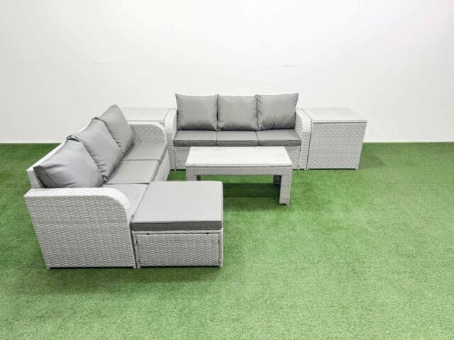 Fimous Outdoor Garden Furniture Sets 7 Seater Wicker Rattan Furniture Sofa Sets w/ Oblong Coffee Table high Back Lounge Sofa Big Footstool 2 Side - image 1