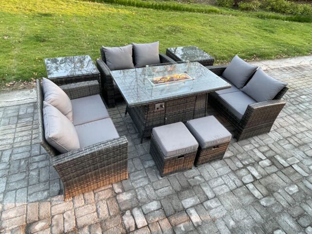 Fimous High Back Rattan Garden Furniture Sofa Sets with Outdoor Furniture Gas Firepit Dining Table Set 2 Small Footstool in Dark Grey - image 1