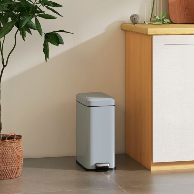 HOMCOM 5L Rectangle Compact Bin Steel Body Inner Bucket Quiet-Close Lid w/Pedal in Grey - image 1