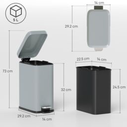 HOMCOM 5L Rectangle Compact Bin Steel Body Inner Bucket Quiet-Close Lid w/Pedal in Grey - thumbnail 3