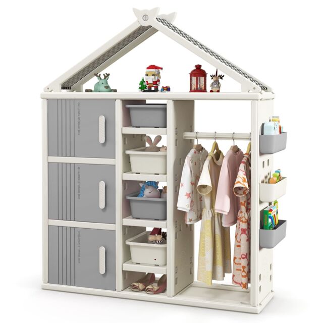 Costway Costume Storage Closet Children Pretend Dresser Armoire Closet-Grey in Grey - image 1